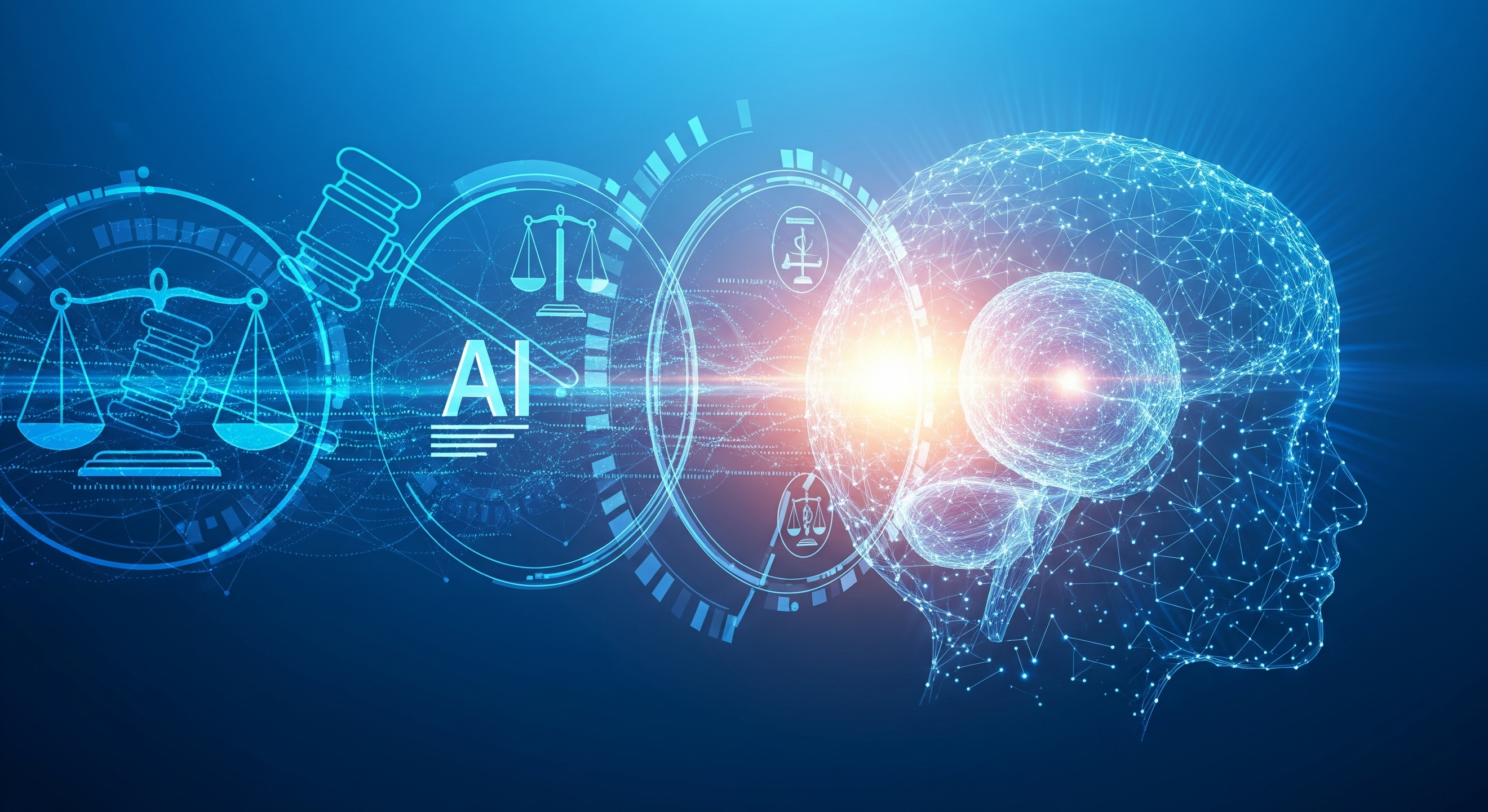 L'immagine concettuale rappresenta l'AI Act europeo. Al centro, un profilo di testa umana con un cervello luminoso e una rete neurale in toni di blu, da cui si irradia una luce calda. A sinistra, cerchi concentrici con simboli digitali e legali, come la bilancia della giustizia e un martelletto, che simboleggiano la regolamentazione dell'intelligenza artificiale. Lo sfondo è un gradiente di blu scuro e brillante, senza bordi.
